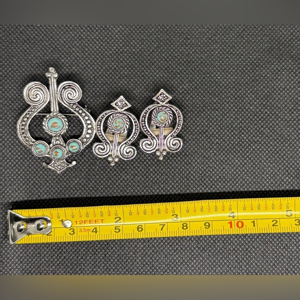 Aztec Style Silver Tone Turquoise Inlay Brooch & Clip-On Earring Set - Picture 5 of 9